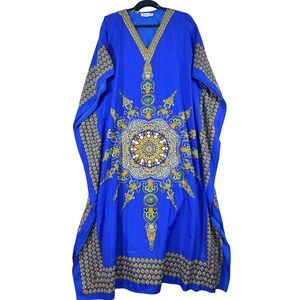 Laportee Blue Caftan Dress One Size‎ India Print Boho Bohemian Festival